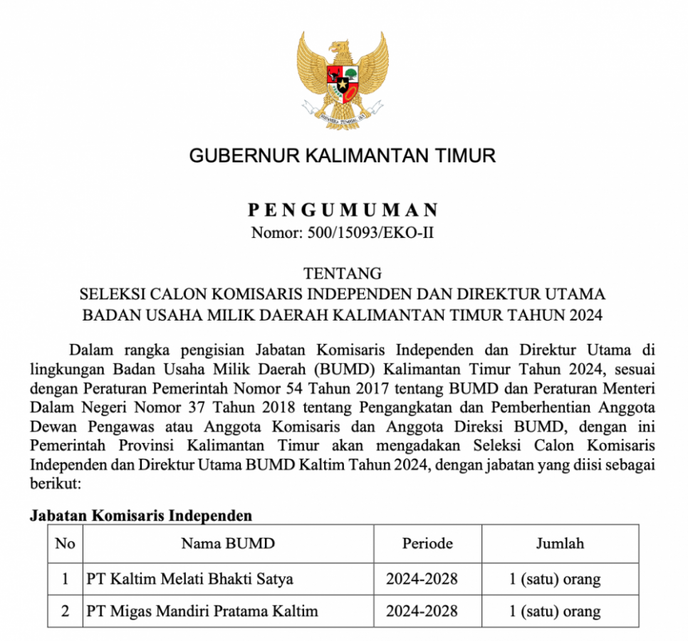 SELEKSI CALON KOMISARIS INDEPENDEN DAN DIREKTUR UTAMA BADAN USAHA MILIK DAERAH KALIMANTAN TIMUR TAHUN 2024