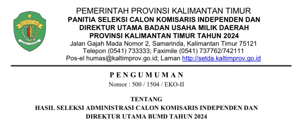 PENGUMUMAN HASIL SELEKSI ADMINISTRASI CALON KOMISARIS INDEPENDEN DAN DIREKTUR UTAMA BUMD TAHUN 2024